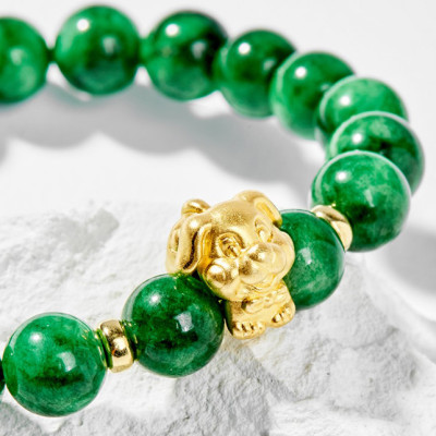 Vòng Tay Phong Thủy Nữ Đá Cẩm Thạch Sơn Thủy Phối Charm Tuổi Tuất Bạc Mạ Vàng 24K (8mm) Mệnh Mộc, Hỏa Ngọc Quý Gemstones