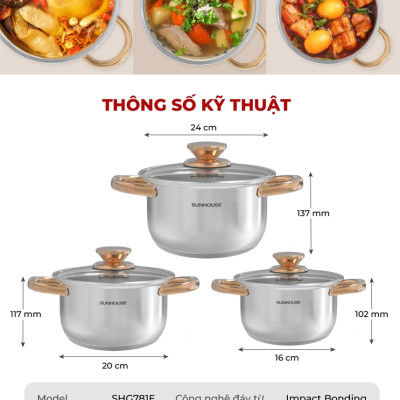 Bộ nồi inox Impact Sunhouse Healthy SHG781E -Gồm 3 nồi 16-20-24cm - Đáy phẳng hoàn hảo - Hiệu suất bắt từ 98%