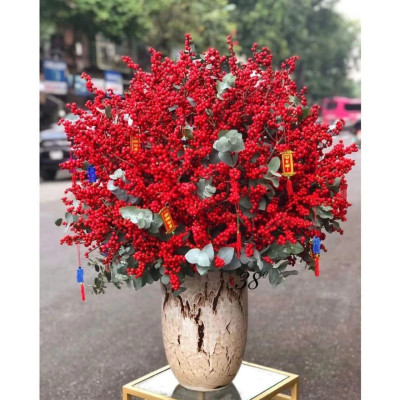 Cành Hoa Đào Đông Đỏ 12 Nhánh Dài 100cm - Đào Đồng Quả To Sáng Bóng, Trang Trí Dịp Lễ Tết Đón Tài Lộc - Hoa Trang TRí Tết - HÀNG CHÍNH HÃNG MINIIN