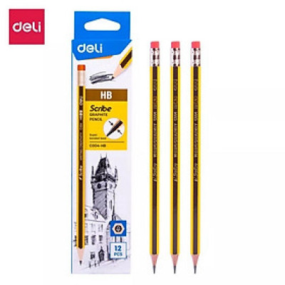Hộp 12 cây bút chì 2B / HB Deli C004 / Viết chì có đầu tẩy C004-2B / C004-HB