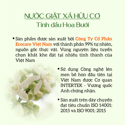 Nước Giặt Xả Hữu Cơ Bồ Hòn ECOCARE Tinh Dầu Hoa Bưởi 1L-2L-4L, Diệt Vi Khuẩn, Dịu Nhẹ Với Mọi Làn Da, Hương Thơm Mát