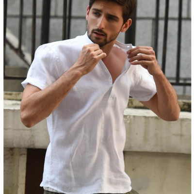 Áo sơ mi linen dành cho nam, trơn cổ trụ, sơ mi hàn quốc Haint Boutique, form vừa