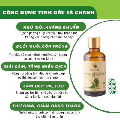Tinh dầu Sả Chanh nguyên chất 50ml - Hoa Nén - Vegan - Đuổi muỗi, giải cảm, khử mùi