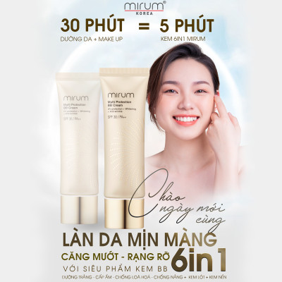 Kem BB 6in1 Mirum làm trắng da, chống lão hoá, dưỡng ẩm, chống tia UV, Lót và nền 50g Mirum Multi Protection BB cream SPF30/PA++