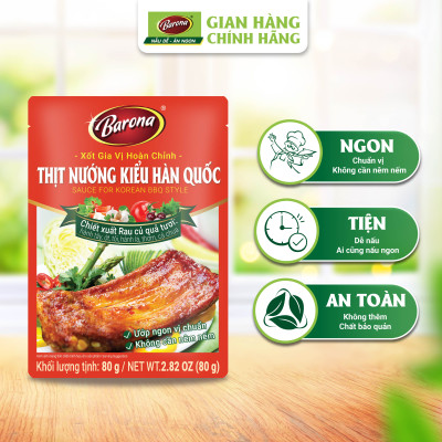 Combo Xốt gia vị hoàn chỉnh Barona: 1 gói Thịt Nướng Hàn Quốc (80gr) + 1 gói Thịt Nướng Ngũ Vị (80gr) + 1 gói Thịt Nướng Sả (80gr)