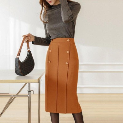 Chân Váy Công Sở New Design Thiết Kê Dáng Váy Xếp Ly Dài Qua Gối Ôm Body , Phối Nút Kiểu Mới, Vải Tốt Co Giãn CV0073