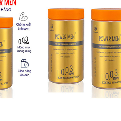 Bao cao su siêu mỏng kéo dài thời gian Power Men 0.03 Invi Long Shock (Lọ 12 chiếc)