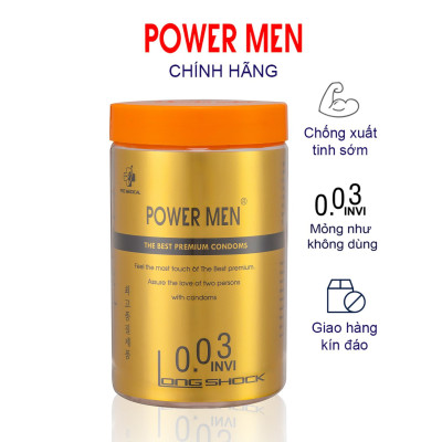 Bao cao su siêu mỏng kéo dài thời gian Power Men 0.03 Invi Long Shock (Lọ 12 chiếc)